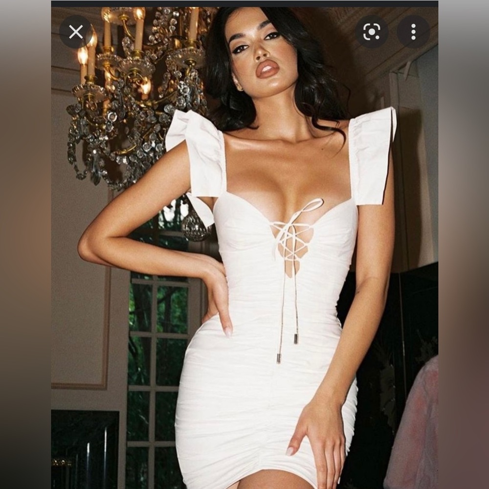 White ruched cotton ruffle dress
